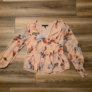 WHBM Floral Ruched Chiffon Blouse Sheer Sleeves | Large